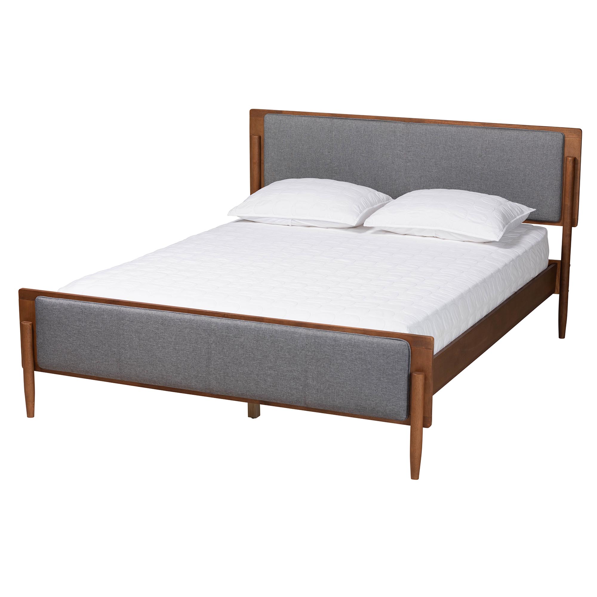 Baxton Studio Powers Mid-Century Modern Grey Fabric and Ash Walnut Finished Wood Queen Size Platform Bed